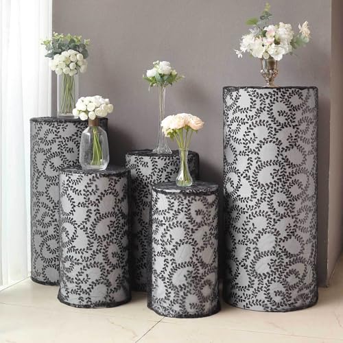 Efavormart Set of 5 Black Sequin Mesh Cylinder Display Box Stand Covers with Leaf Vine Embroidery, Sparkly Sheer Tulle Pedestal Pillar Prop Covers - color: Black, size: Sequin Mesh Cylinder Covers - Leaf Pattern
