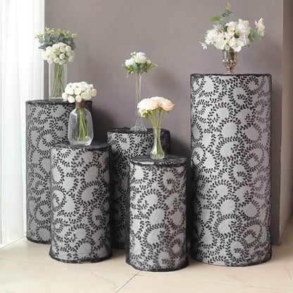 Efavormart Set of 5 Black Sequin Mesh Cylinder Display Box Stand Covers with Leaf Vine Embroidery, Sparkly Sheer Tulle Pedestal Pillar Prop Covers - color: Black, size: Sequin Mesh Cylinder Covers - Leaf Pattern