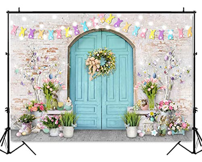 Mocsicka Easter Backdrop Blue Wooden Door with Brick Wall Bunny Rabbit Spring Photography Background Easter Day Party Decorations Photo Studio Props - size: 10x8ft(120x96 inch)