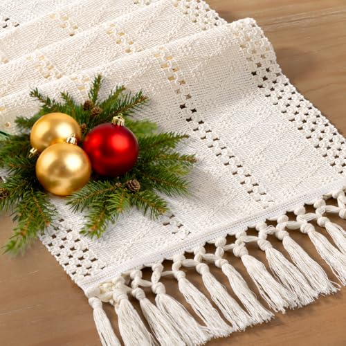 Socomi Boho Table Runner Macrame Summer Farmhouse Woven Cotton Linen Rustic Coffee Table Runner with Tassels for Small Dresser Scarf Home Decor Dining Room 12x72 inch Cream Ivory - color: Cream, size: 12" X 72"