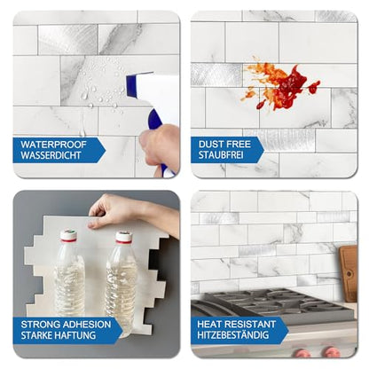 MOFIT Backsplash Tile for Kitchen Peel and Stick Stone Matte Finish,Bathroom Tiles Stickers 3D Wall Panel Linear Mosaic Marble Backsplash Waterproof(10sheets,White Silver) - color: White Silver, size: 10sheets