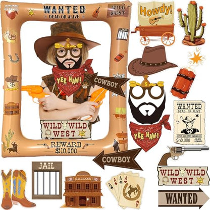 Western Cowboy Cowgirl Photo Booth Props Inflatable Frame, 17Pcs Wild West Themed Party Decoration with Large Inflatable Selfie Frames for Country Rustic Cowboy Party Selfie Supplies - size: Western Cowboy Inflatable Frame