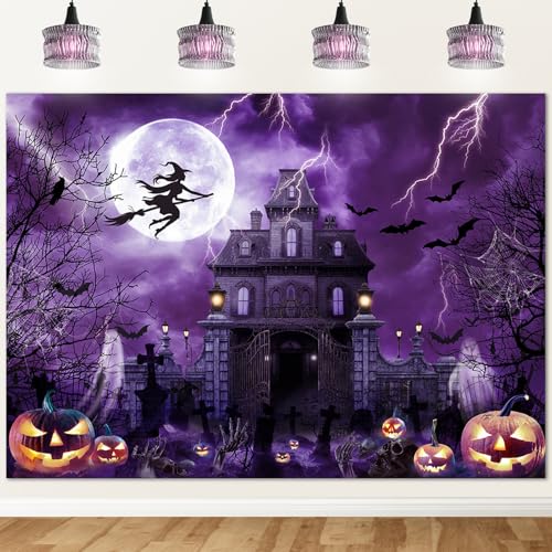 Avezano Halloween Backdrop for Photography Horror Moon Night Ghost Scary Jack O'Lantern Background Grave Scary Sppooky Skull Iron Gate Witch Halloween Party Decor Photo Stuido Props (Purple, 7x5ft) - color: Purple, size: 7x5ft