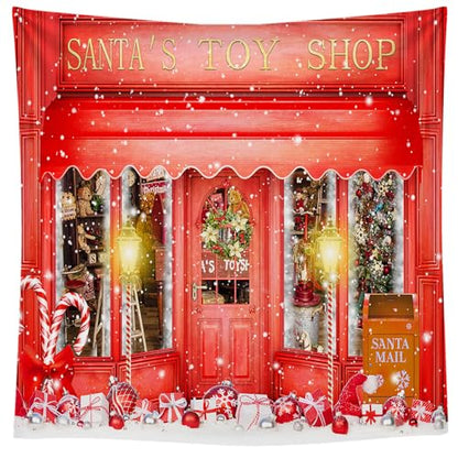 10x10FT Red Christmas Photo Backdrop Santa's Toy Shop Candy Cane in Snow World Xmas Family Holiday Party Banner Photography Background Supplies Decor Studio Prop - size: 10x10Ft