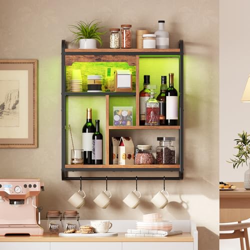 HOOBRO Gaming Floating Shelves with LED Lights, 26.4" LED Wall Mounted Shelf, Modern Corner Shelf 3-Tier Display Rack for Wall Storage, Arched Design, for Living Room, Rustic Brown and Black BF44DBJ01 - color: Rustic Brown + Black