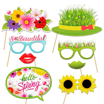 HOWAF 25 Pieces Hello Spring Photo Booth Props, Colorful Spring Flower Party Photo Booth Prop Spring Party Favor for Selfie Props Spring Party Supplies