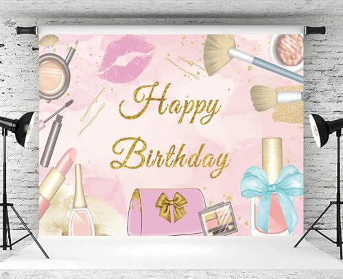 5x3ft Spa Happy Birthday Backdrop Pink Cosmetics Make Up Photography Background Girls Princess Sweet 16 Birthday Party Banner Decoration Supplies Photo Booth Props - size: 5x3ft