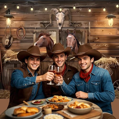 18X10ft Western Party Backdrop Rustic Wooden Cowboy Backdrop, Wild West Wooden House Farm Photography Background Western Theme Cowboy Birthday Party Decor Banner Photo Studio Props - size: 18x10ft