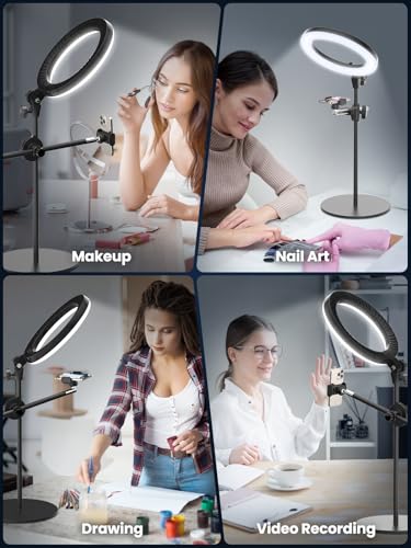 Selfie Ring Light with Stand and Phone Holder,Overhead Phone Mount with 10.5" Ring Lights,Desk Circle Lingt with Tripod Adjustable Shooting Arm for Video Recording,YouTube,TikTok,Live Streaming
