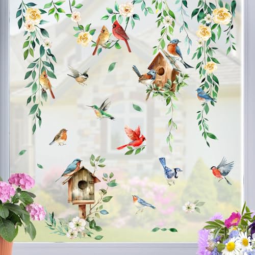 Mfault Spring Summer Birds Floral Vine Window Clings, Cardinal Bluebird Birdhouse Hummingbird Rose Flower Stickers Decals Decorations, Farmhouse Botanical Leaves Home Living Room Kitchen Decor