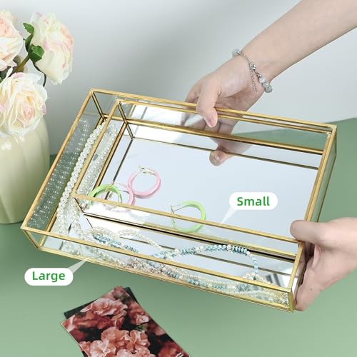 HighFree Rectangle Gold Mirror Tray, Decorative Glass Mirrored Vanity Tray for Perfume, Cosmetics, Makeup, Trinket, Jewelry (11.8x7.9x2) - size: 11.8" x 7.9" x 2"
