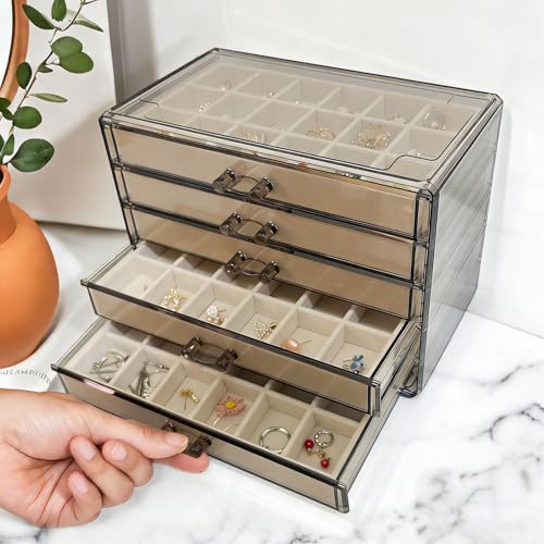 Acrylic Earring Holder Organizer with 5 Drawers Clear Earring Organizer Box with 90 Adjustable Grids Velvet Earring Display Case Jewelry Organizer for Earrings Rings Studs (Brown Beige) - color: Brown Beige
