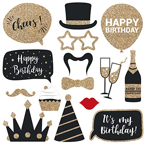Fully Assembled Birthday Photo Booth Props. 30 Piece Box Set of Black & Gold Selfie Party Supplies and Decorations Kit with Real Glitter - Cute Bday Designs for Women - Did We Mention No DIY