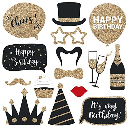 Fully Assembled Birthday Photo Booth Props. 30 Piece Box Set of Black & Gold Selfie Party Supplies and Decorations Kit with Real Glitter - Cute Bday Designs for Women - Did We Mention No DIY