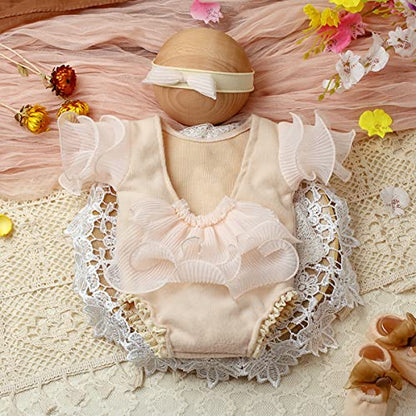 Baby Photography Props Outfit Lace Rompers Newborn Girl Photo Shoot Outfits Flower Headband Princess Costume - color: Off-white