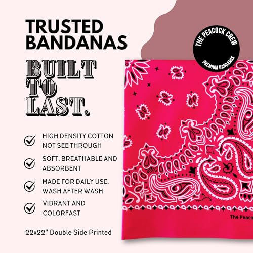 The Peacock Crew Premium Soft Cotton Bandanas Pack for Men and Women Paisley 22 x 22 inches - color: Pack of 10 Girly Pink
