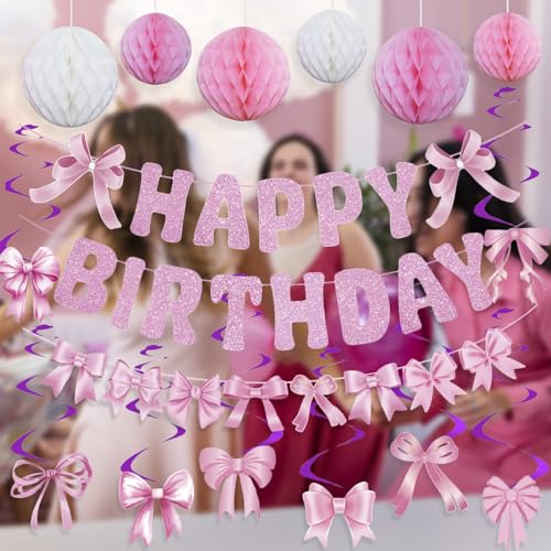 Pre-strung Pink Bow Birthday Party Decorations Glitter Happy Birthday Banner Honeycomb Balls Bows Hanging Swirls for Women Girls Coquette Party Decor