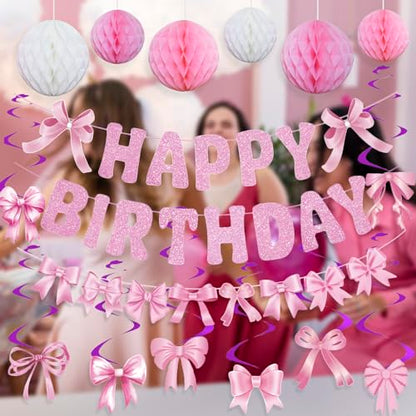 Pre-strung Pink Bow Birthday Party Decorations Glitter Happy Birthday Banner Honeycomb Balls Bows Hanging Swirls for Women Girls Coquette Party Decor