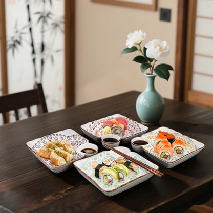 Pumtus 4 Pack Ceramic Dumpling Plates with Dipping Saucer, 7.3'' Individual Chip and Dip Serving Platter, Square Japanese Sushi Dish Tray, Colorful Serving Bowl for Appetizer Snack Fries Gyoza Taco