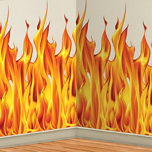 Beistle Plastic Flame Wall Backdrops, 4’ x 30’, 3 Pack – Photo Backdrop, Easy to Adhere Wall Covering, Party Decor, Burning Fire Photography Background for Birthdays, Holidays & Events - style: Flame - 3 Piece