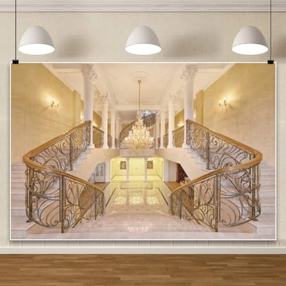 Leowefowa 8x6ft Castle Backdrop Luxurious Golden Palace Elegant Stair Droplight White Pillar Marble Floor Interior Wedding Vinyl Photography Background Kids Adults Photo Studio Props - size: 8x6ft