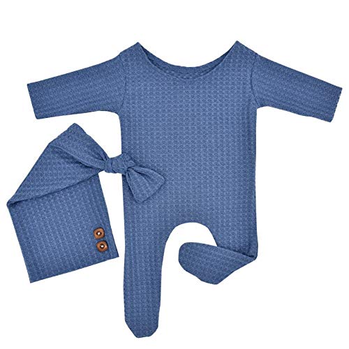 Coberllus Newborn Photography Props Outfit Fabric Sleepy Knot Hat & Footed Romper Bodysuit for Baby Boys Girls Photoshoot - color: Blue