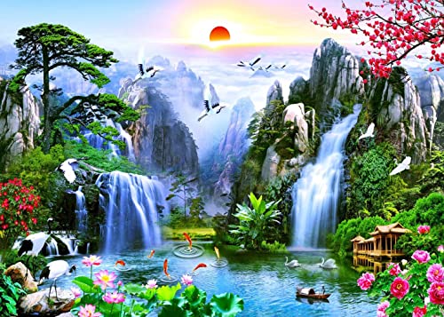 BELECO 8x6ft Fabric Fairyland Mountain Lake Photography Backdrop Waterfalls Swans Fish Flowers Dreamy Natural Landscape Painting Background Wall Murals Home Decor Kids Adults Portrait Photoshoot - size: 8x6FT