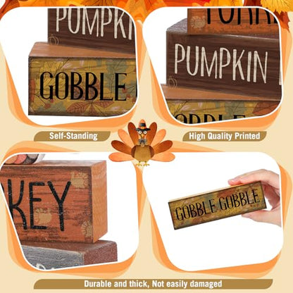 Lineshading 4 Pcs Thanksgiving Decorations for Home Wooden Turkey Decor Fall Tiered Tray Decor Thanksgiving Table Centerpiece Rustic Wooden Turkey Block Sign for Autumn Harvest Party Kitchen Shelf - style: Classic Turkey