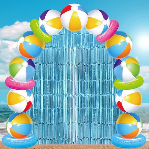 Beach Ball Party Porch Banner with Blue Foil Fringe Curtains Beach Ball Photo Booth Props Background Summer Door Entryway Decorations for Hawaii Tropical Birthday Party Supplies