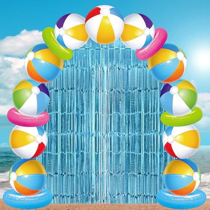 Beach Ball Party Porch Banner with Blue Foil Fringe Curtains Beach Ball Photo Booth Props Background Summer Door Entryway Decorations for Hawaii Tropical Birthday Party Supplies