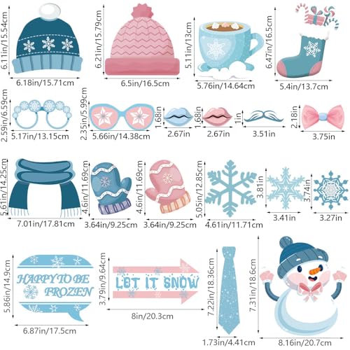 20PCS Snowman Photo Booth Props Winter Wonderland Booth Props Snowflake Frozen Party Decorations for Winter Holiday Christmas Party Supplies