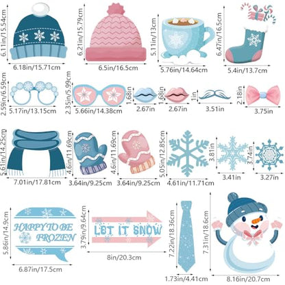 20PCS Snowman Photo Booth Props Winter Wonderland Booth Props Snowflake Frozen Party Decorations for Winter Holiday Christmas Party Supplies