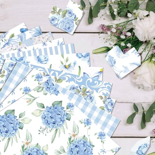 Blue Floral Scrapbook Paper, 24 Sheets Double Sided, Hydrangea Flowers Decorative Cardstock Patterned Paper for Card Making, Photo Album, Journal, DIY Craft - color: Light Blue Hydrangea