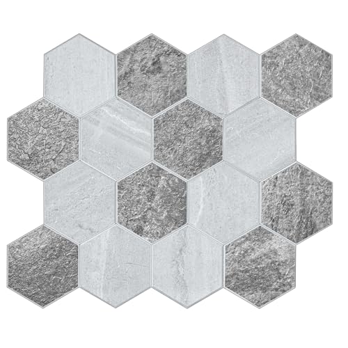 Thickened Hexagon Peel and Stick Tile Backsplash, New Upgrade Mixed Grey Waterproof Stick on Backsplash, Self-Adhesive Marble Tiles for Kitchen,Bathroom and Bedroom，10-Sheet. - color: Mixed Grey