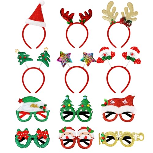 Wecoe Christmas Party Favors, 12pcs Christmas Headbands & Glasses Set - Festive Headwear Glasses Frame Hair Accessories for Women & Girls Classroom Game Party Supplies Photo Props