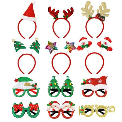 Wecoe Christmas Party Favors, 12pcs Christmas Headbands & Glasses Set - Festive Headwear Glasses Frame Hair Accessories for Women & Girls Classroom Game Party Supplies Photo Props
