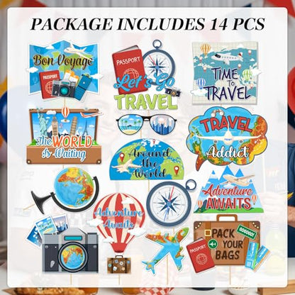 Travel Photo Booth Props,14 Pcs Let The Adventure Begin Travel Theme with Airplane Cameras Compass - Bon Voyage for Journey Birthday Baby Shower Party Decorations