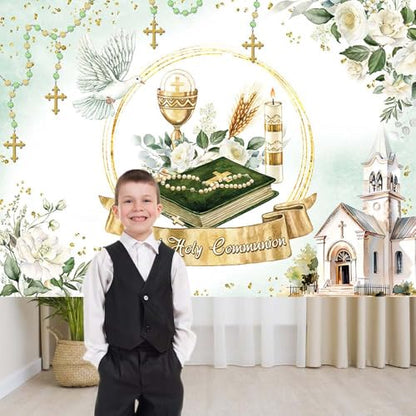 AIBIIN 8x6ft First Holy Communion Backdrop Greenery Mi Primera Comunion Photography Background Baptism Christening God Bless Mi Bautizo Party Decorations Banner Photo Props - size: 8x6ft