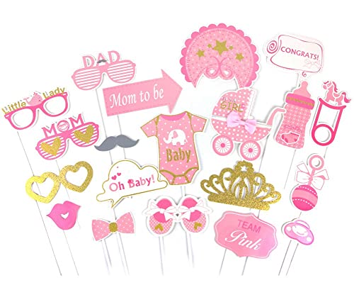 SUNBEAUTY 20 Pcs Girl Baby Shower Photo Booth Props Pink and Gold Lovely Photobooth Props with Sticks for Baby Shower Accessories Newborn Girl Gift Party Supplies - color: Girl