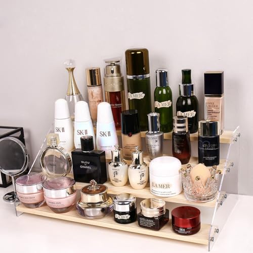 2 Pack 4 Tier 12 Inch Acrylic Wooden Display Stand, Clear Acrylic Display Riser Shelf Wood Tiered Display Shelf Rack Step Ladder Riser Stands for Cupcakes Perfumes Figures Collectibles