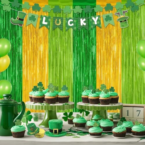 2 Pack St Patrick Party Decorations, Green Party Backdrop Green Gold Light Green Backdrop Curtains, Metallic St.Patrick Fringe Curtains Party Streamer Tinsel Backdrop, St Patrick Party Supplies - color: Green and Gold and Light Green