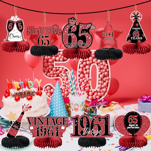 9Pcs 65th Birthday Decorations Red and Black 65th Birthday Party Decorations for Women,Happy 65 Years Vintage 1961 Aged Honeycomb Centerpieces Table Sign Decor Supplies - color: Red Black 65th