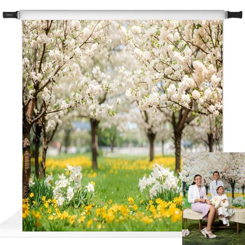 Kate Spring Backdrop White Sakura Green Grass Natural Scenery Forest Trees Season Holiday Photography Props, 8x8ft - size: 8x8ft