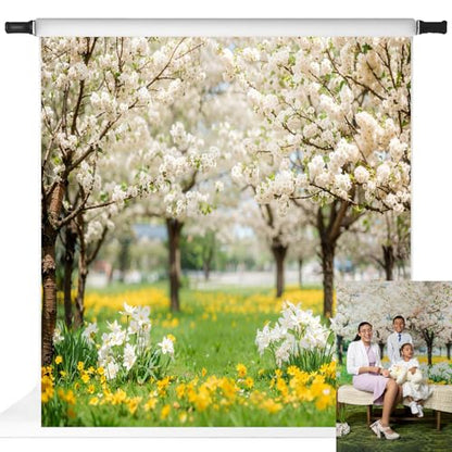Kate Spring Backdrop White Sakura Green Grass Natural Scenery Forest Trees Season Holiday Photography Props, 8x8ft - size: 8x8ft