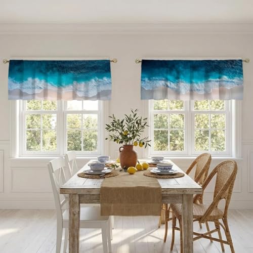 Ocean Curtain, Two-Pack, Aerial Beach Wave Turquoise Sand Coastal View,Applicable to Bathroom, Bedroom, 54x18 inches. - color: Ocean