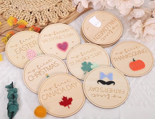 My First Holiday Milestone Sign - Wood Holiday Milestone Photo Props, Newborn Baby Photography Discs, 11 Pcs Wooden Disc Sign, Baby Shower Party Gift
