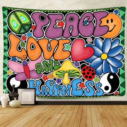 F-FUN SOUL Peace Love and Happiness Tapestry, 90x84inches, Mushroom Psychedelic Tapestries 70s Theme Tapestry Wall Hanging for Bedroom Living Room Decor GTZYFS957 - size: 90.2"L x 84.3"W