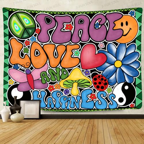 F-FUN SOUL Peace Love and Happiness Tapestry, 100x90inches Soft Flannel, Mushroom Psychedelic Tapestries 70s Theme Tapestry Wall Hanging for Bedroom Living Room Decor GTZYFS1339 - size: 100"L x 90"W