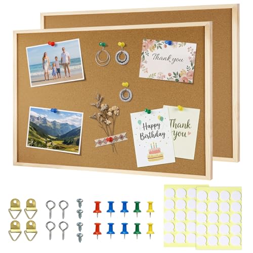2 Pcs Cork Board, 17.7''x13.3'' Bulletin Board, Wooden Framed Corkboards for Wall, Small Cork Board, Vision Board Supplies, Prayer Board, Picture Board for Photos, Office, Home Decor, School - color: Wood