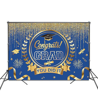 Graduation Backdrop Congrats Grad You Did It Party Decorations Background Congratulations Graduate Class of 2026 Banner Photo Booth Props (Blue and Gold, 7x5ft) - color: Blue and Gold
